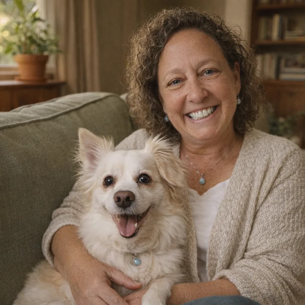 A pair of warm hands gently scratching a small mixed-breed dog under the chin in a lamp-lit reading nook with an open book and a wool throw blanket.