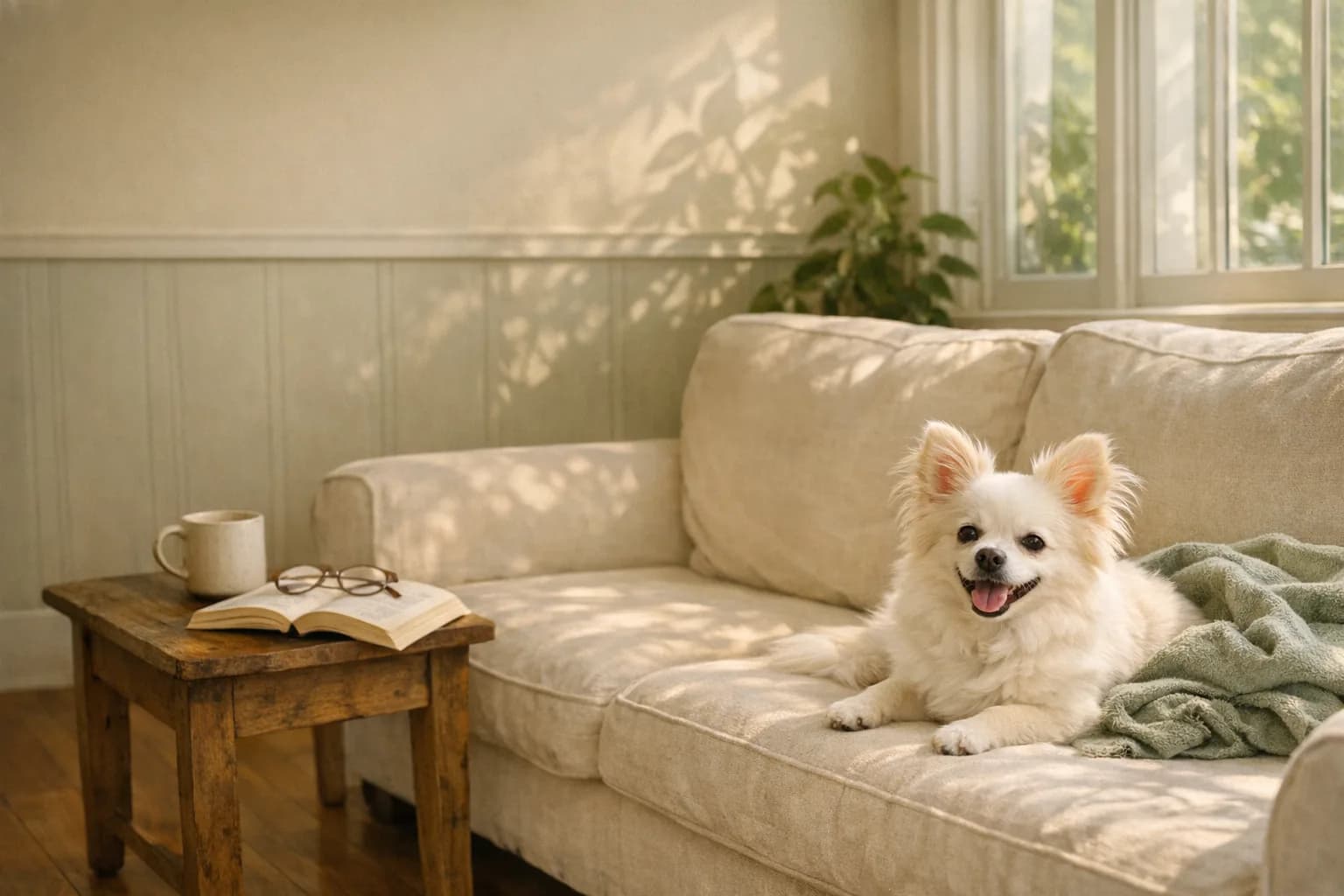 A golden retriever napping on a linen sofa in a sunlit Raleigh living room, with soft morning light coming through a nearby window.