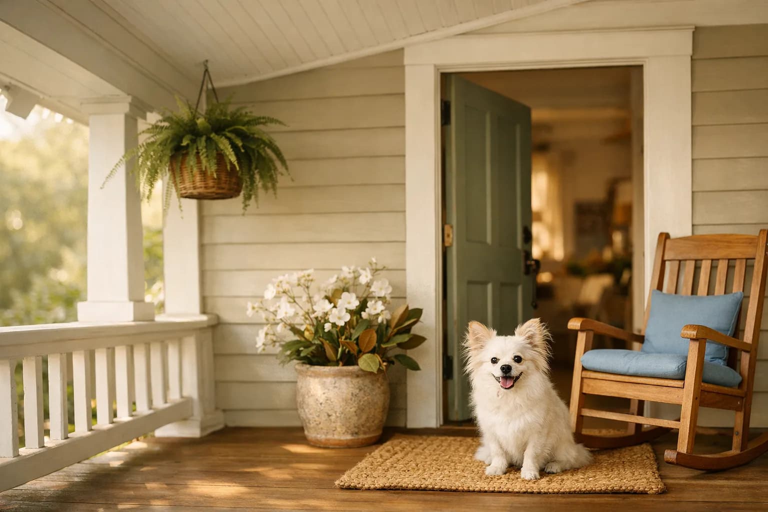 Brady, a small white fluffy Pomeranian-Papillon mix, sitting on a woven welcome mat at the front door of a Raleigh craftsman bungalow porch — alert, ears up, tongue out, greeting a visitor.