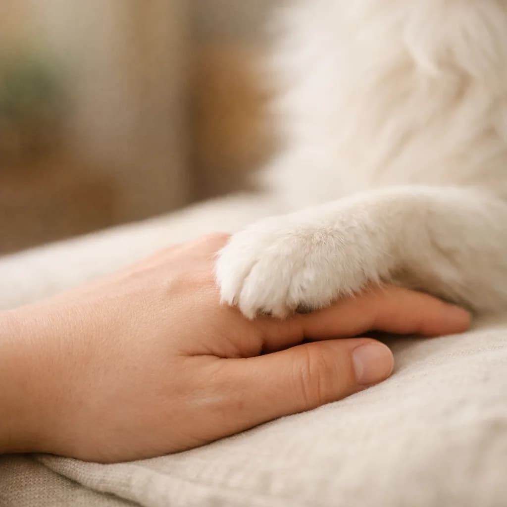 A close-up of Brady's small white paw resting gently on the back of a human hand on a cream linen surface — a quiet, trust-building detail for the pricing section.