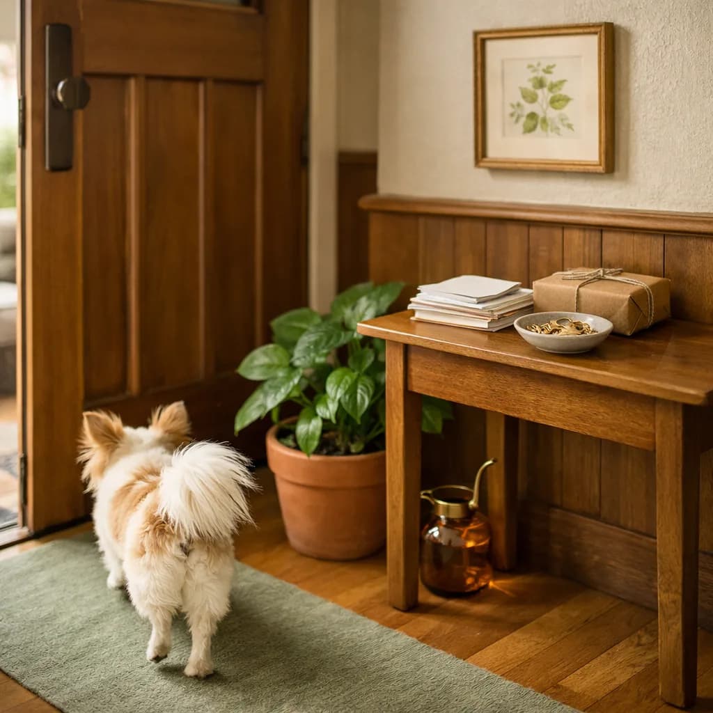A small stack of mail and a cardboard package on a wooden entry table beside a houseplant, with the soft tail of a dog visible at the edge of frame.
