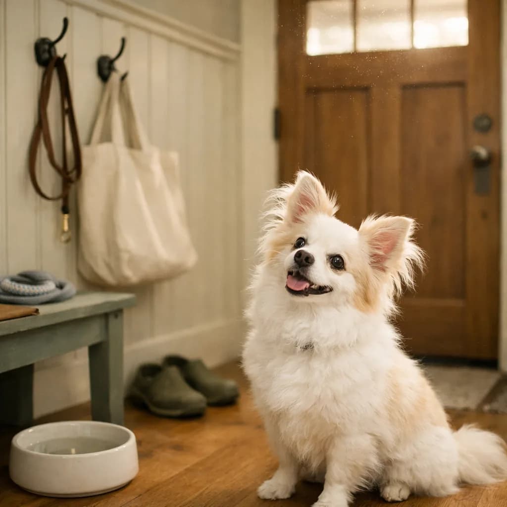 A tan canvas dog leash hanging from a wooden hook by a front door, with a clean ceramic water bowl on the wooden floor in soft morning light.