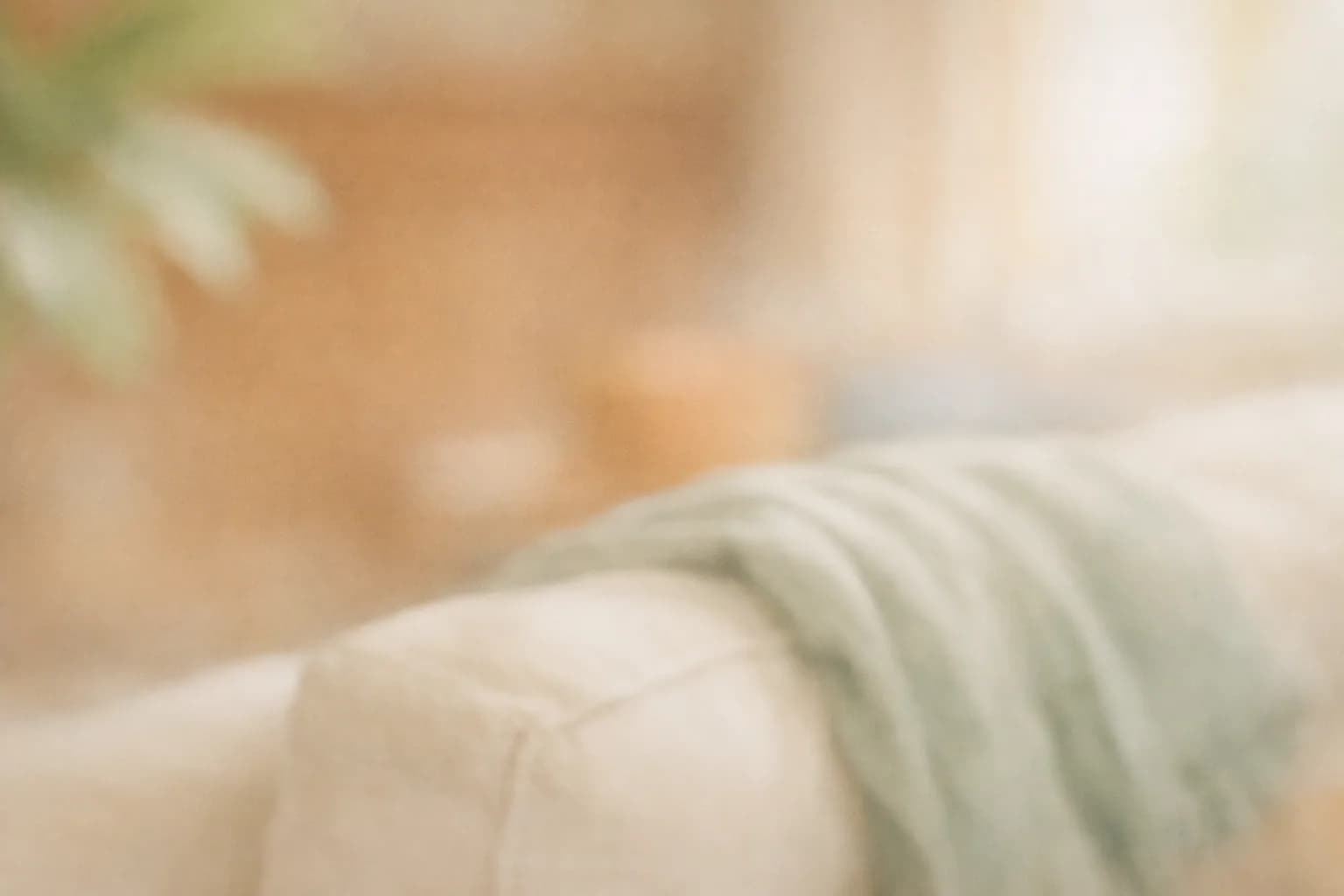 A very soft, low-contrast textural backdrop — a sage-green linen throw draped softly across a cream couch arm with defocused houseplant leaves at one corner, suitable for use behind testimonial text.